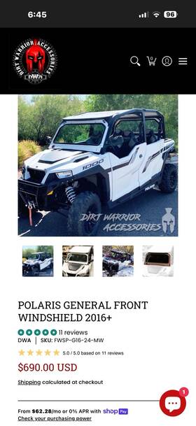 Fwsp-g16-24-mw Dirt Warrior 2016 Polaris General Windshield With Wiper Assembly