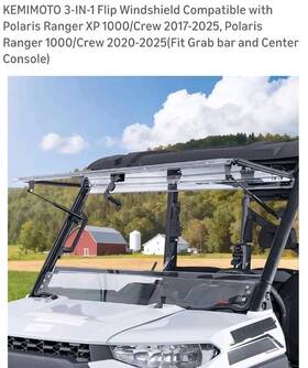 Kemimoto 769293771959 3-in-1 Flip Windshield For Polaris Ranger Xp 900/1000/ Crew 1000 2014-2025