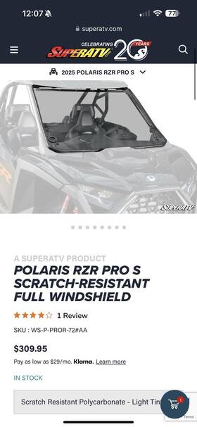 Ws-p-pror-72 Superatv Ws-p-pror-72#aa Full Window Windshield Light Tint Fits Polaris Pro S / S4 2025
